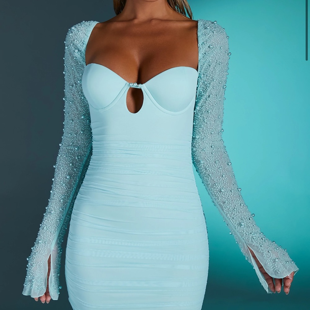 Oh Polly Embellished Long Sleeve Mini Dress in Aqua